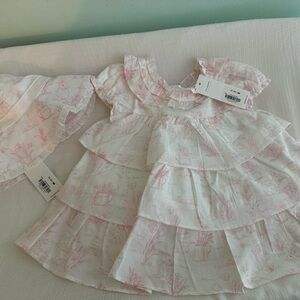 NWT Janie and Jack Pink Bunny Toile Print 0-3 Months  dress and bonnet